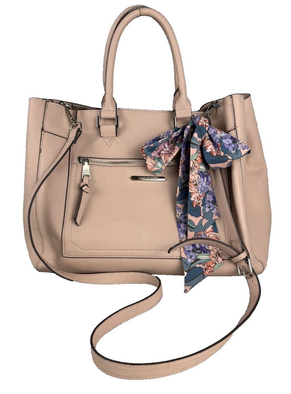 STEVE MADDEN Convertible Satchel Bag with Scarf Faux Pebbled Leather Blush Pink